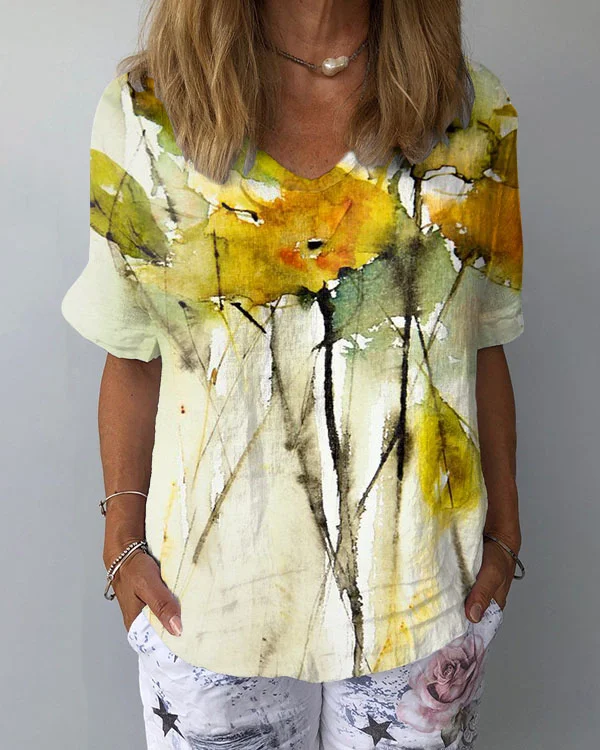 Fallen Linen V-Neck Loose Top