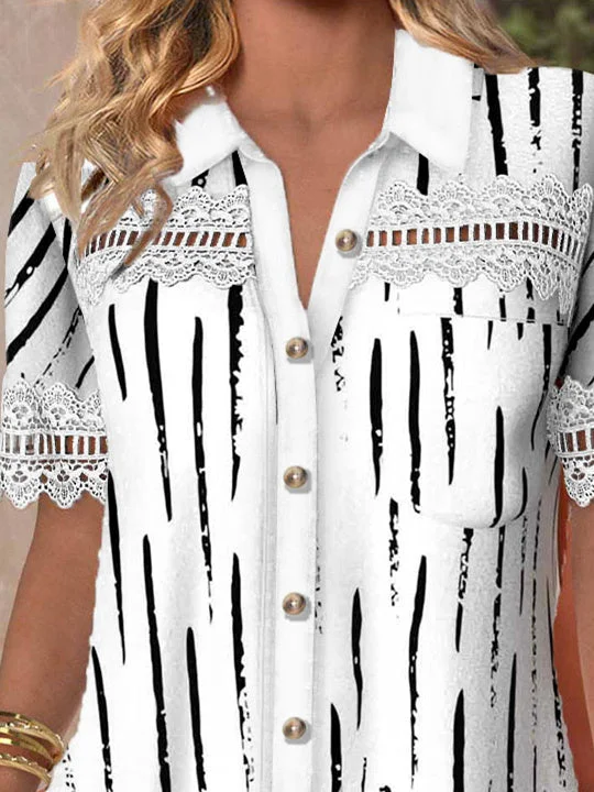 Women Short Sleeve V-neck Striped Printed Graphic Lace Hollow Stitching Button Tops
