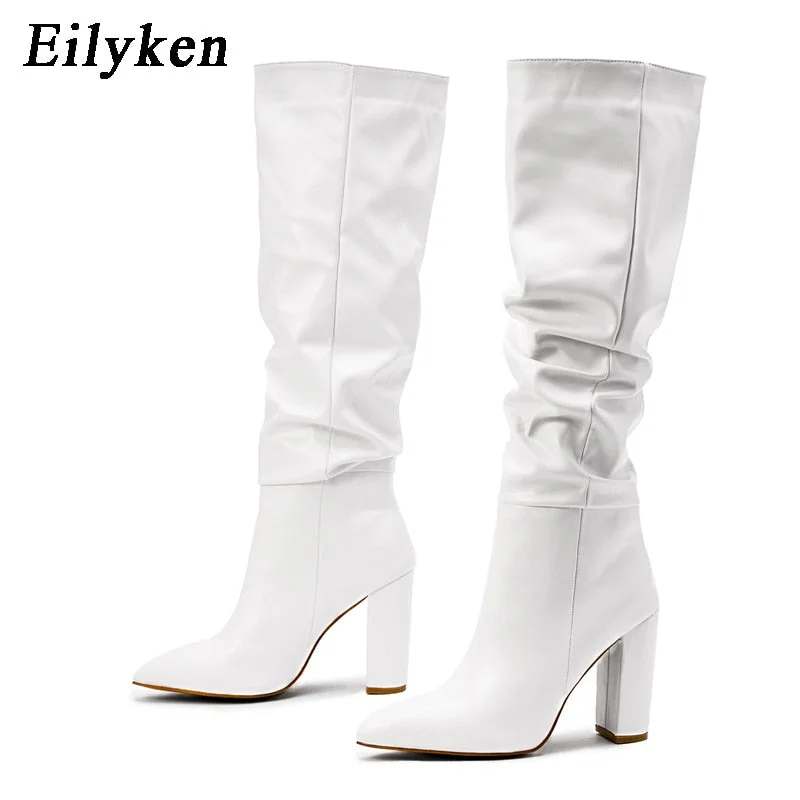 Eilyken Fashion White Women Knee High Boots Sexy Pointed Toe Square Heels Ladies Long Boot Slip On Female Shoes size 35-42