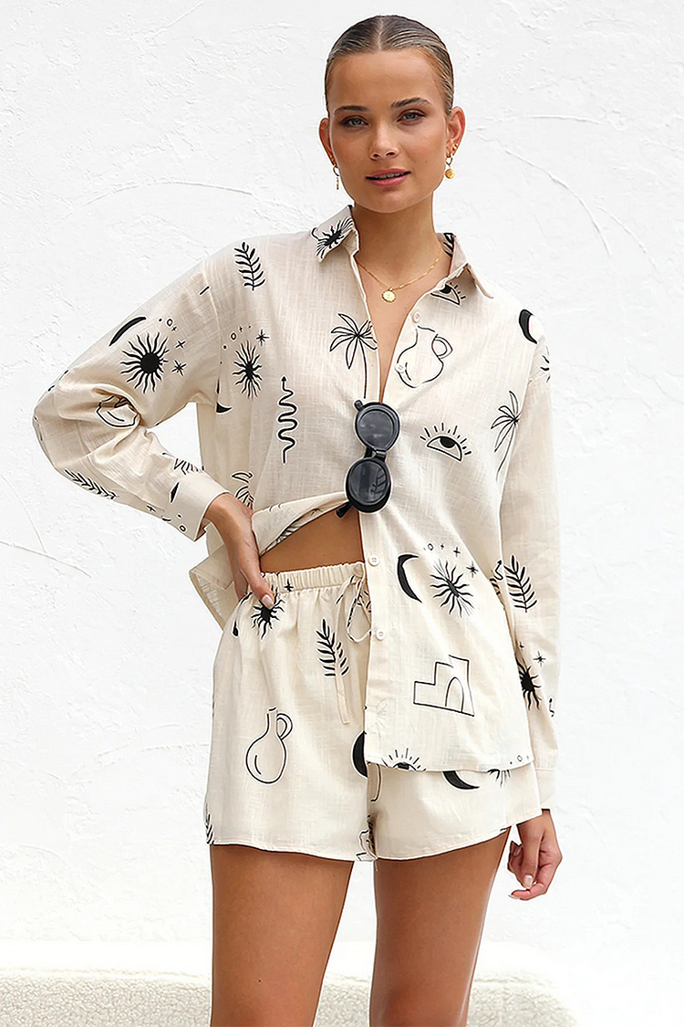 Doodle Print Long Sleeve Blouse Casual Shorts Matching Set-Beige