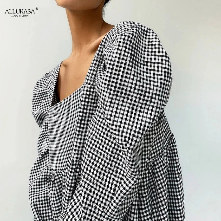 2021 Women Dresses  Black White Plaid Female Autumn Casual  Puff Sleeve Square Neck Elegant Ladies Vintage A Line Mini Dress