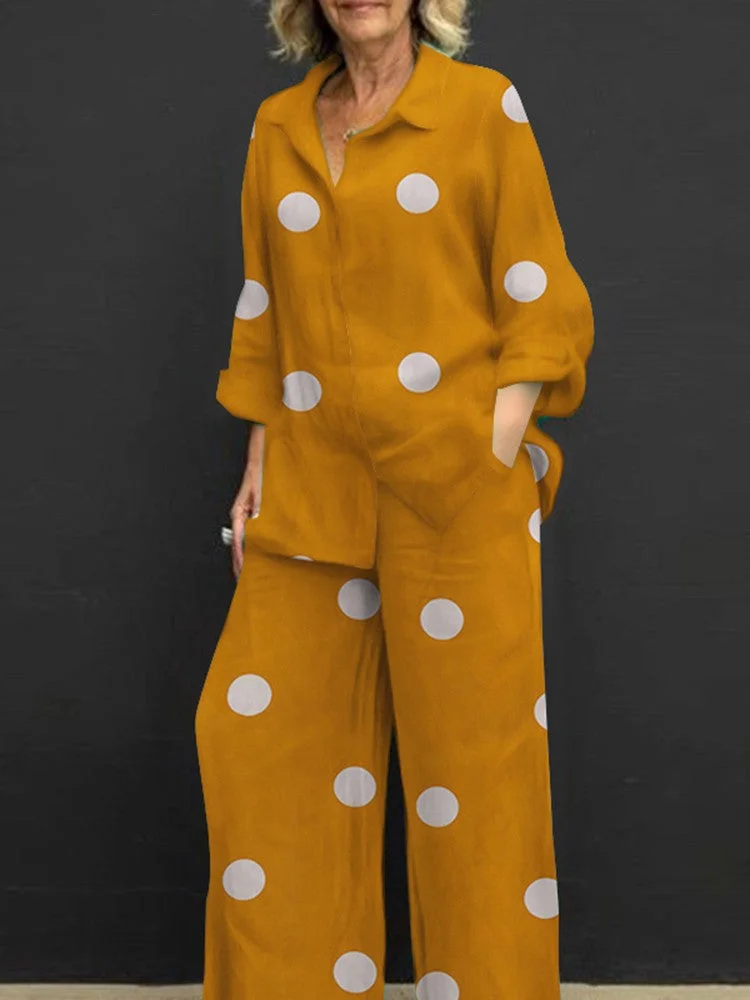 Polka-dot Print Two-piece Suit With Long-Sleeved Top And Wide-Leg Trousers