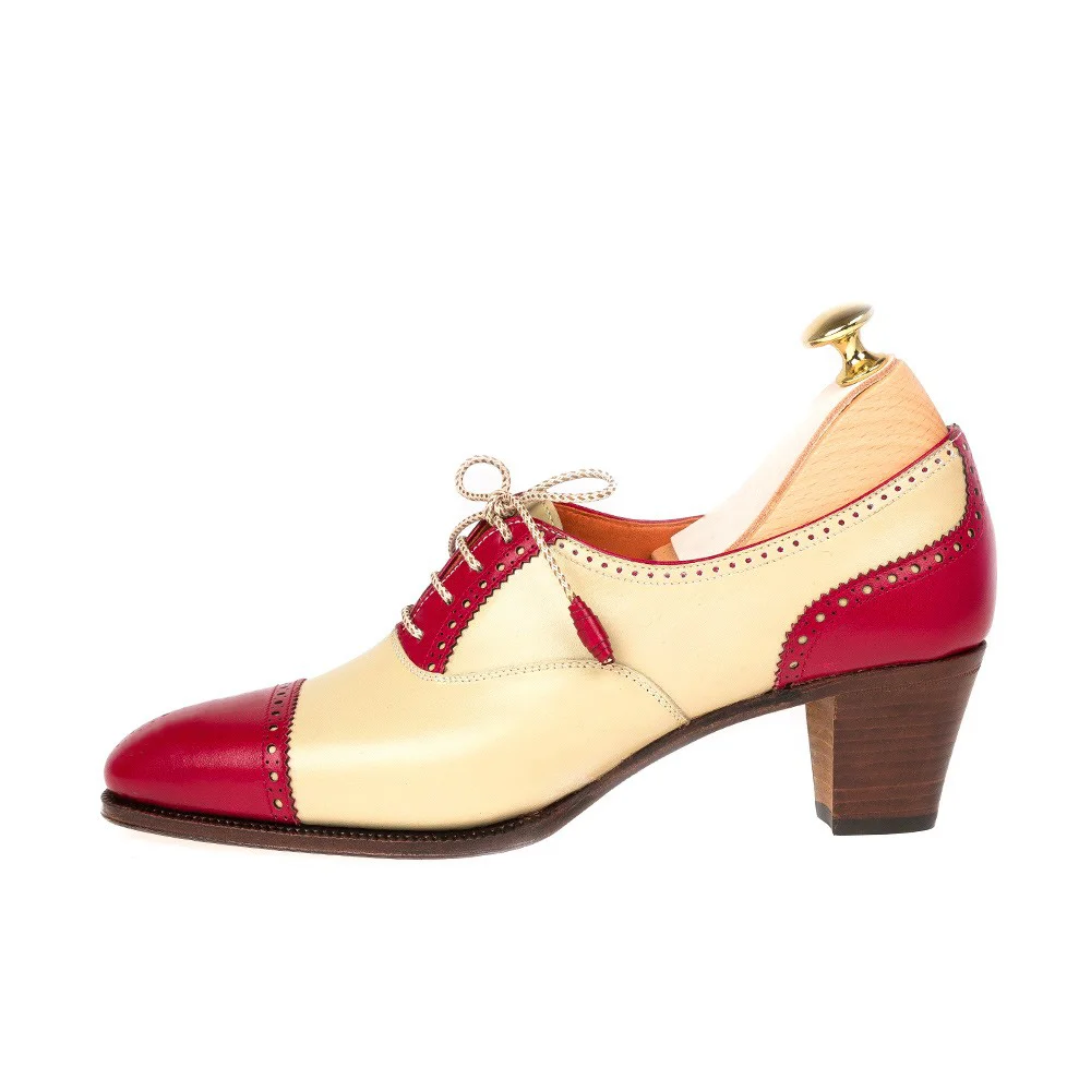 Red & Beige Closed Pointed Toe Lace Up Oxford Shoes With Cone Heels Nicepairs