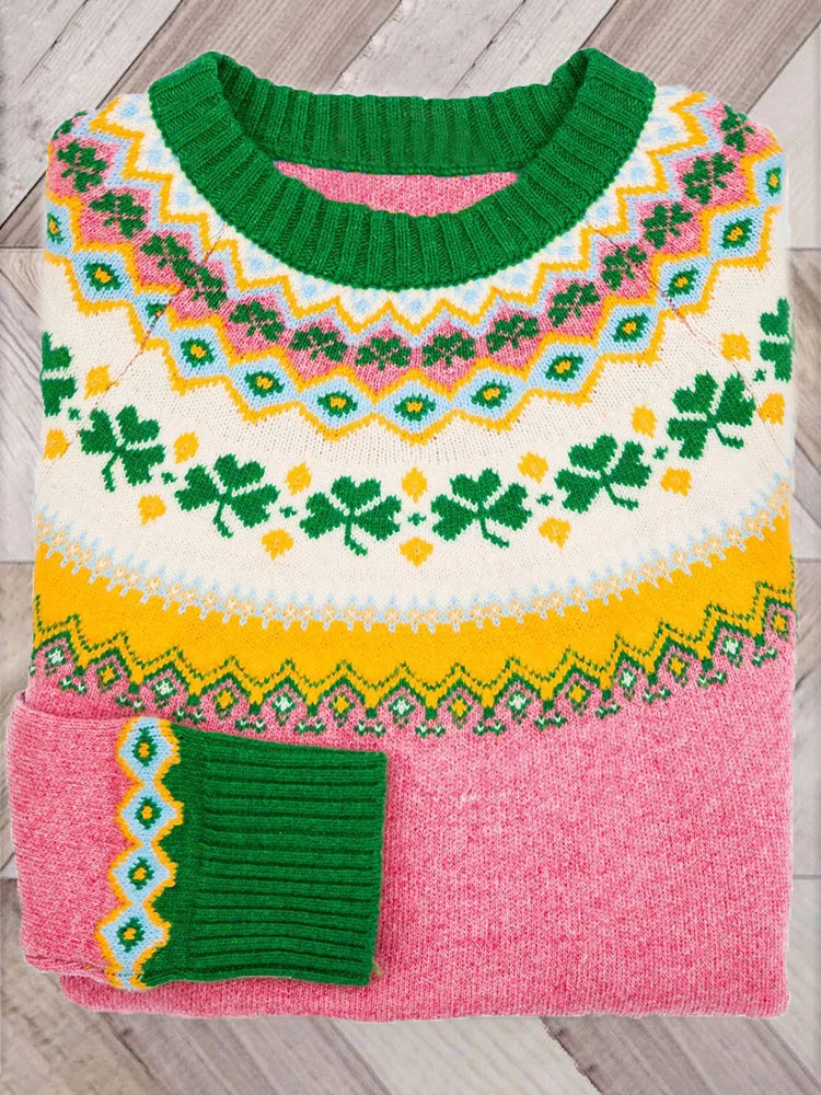 VChics Shamrock Pattern Cozy Fair Isle Knit Sweater