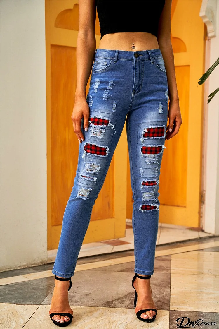 Fashion Blue Ripped Plaid Straight Legs Boyfriend Jeans