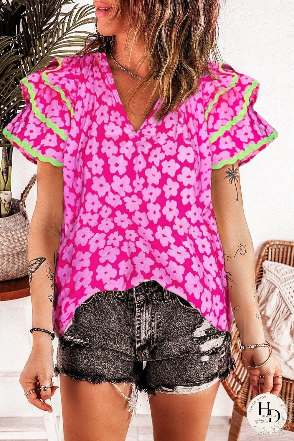 V-Neck Pink Floral Top