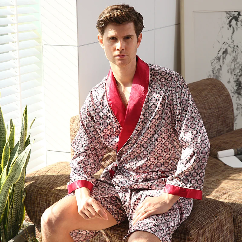 Men's V-Neck Robe Print Golden Sleepwear