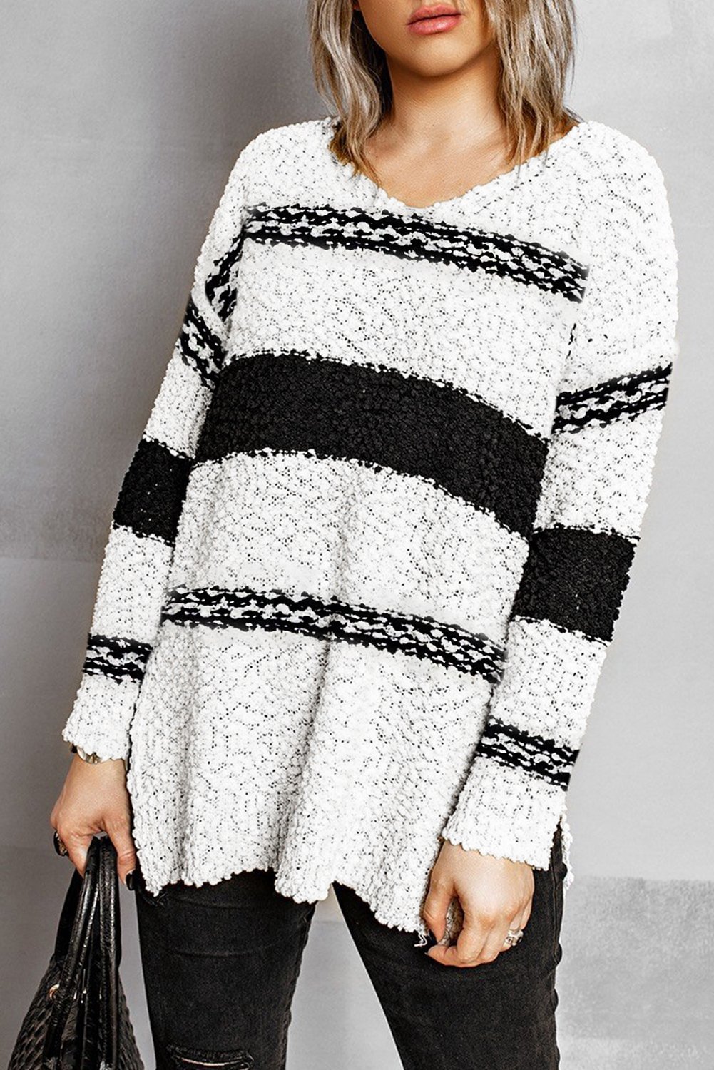 MusePointer Striped Colorblock V Neck Long Sleeve Knitted Sweater MusePointer