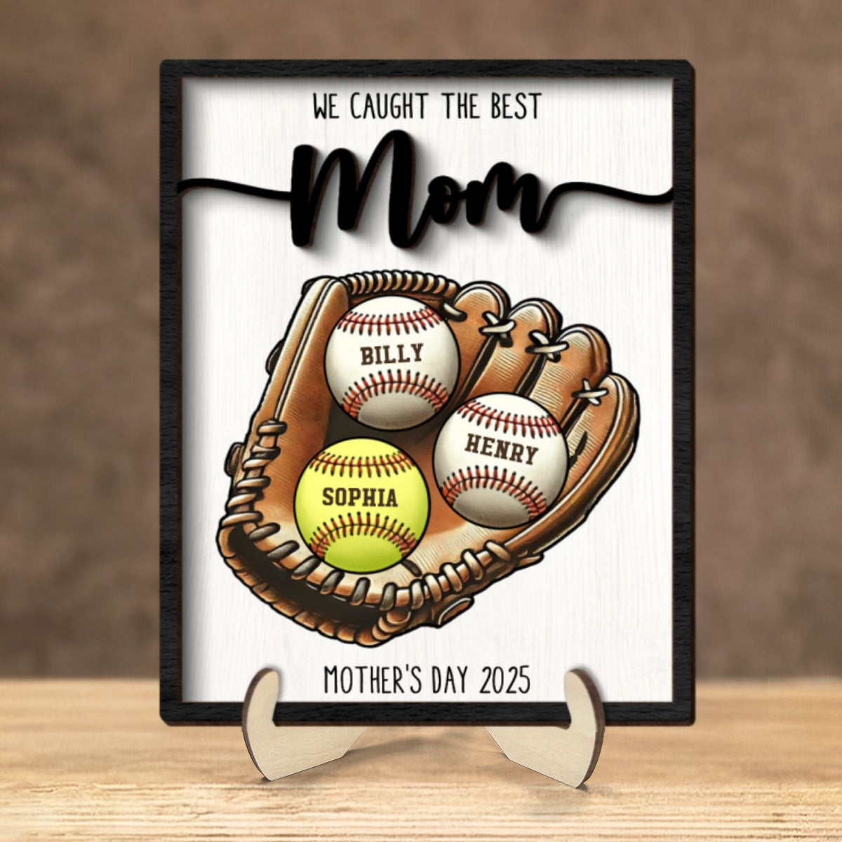 Loveyoufancy We Caught The Best Mom Baseball, Softball Personalized 2-Layer Wooden Plaque, Custom Kid's Name, Mother’s Day Gift For Mom, Gift For Wife, Gift For Grandma
