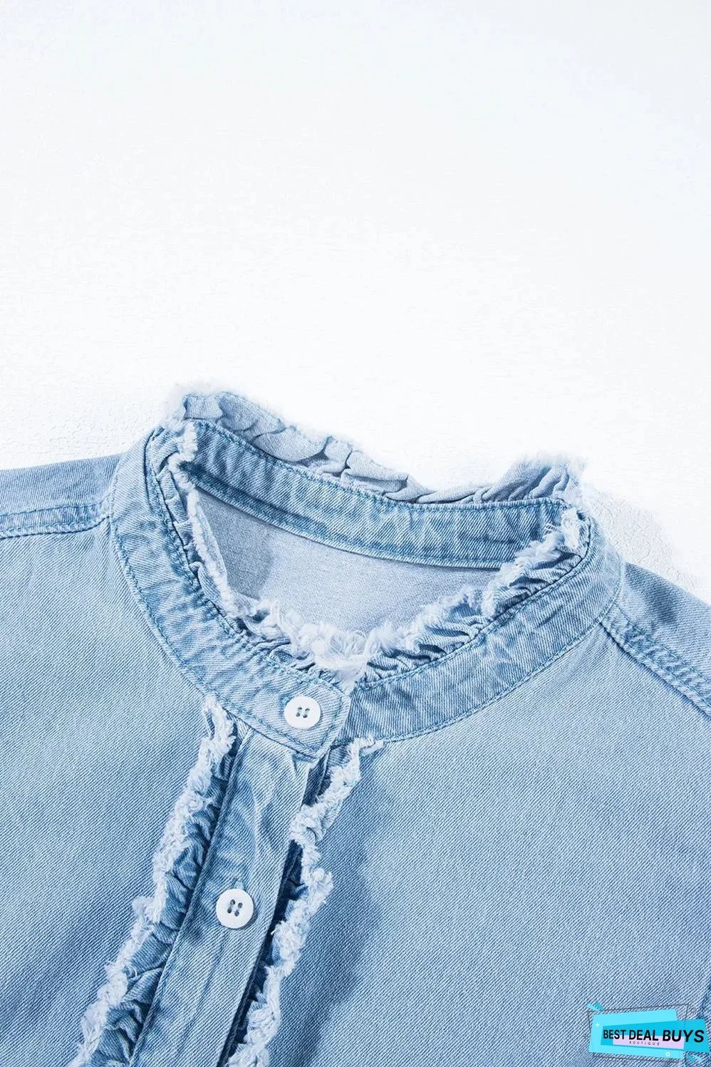 Beau Blue Button Front Ruffled Flutter Frayed Denim Top