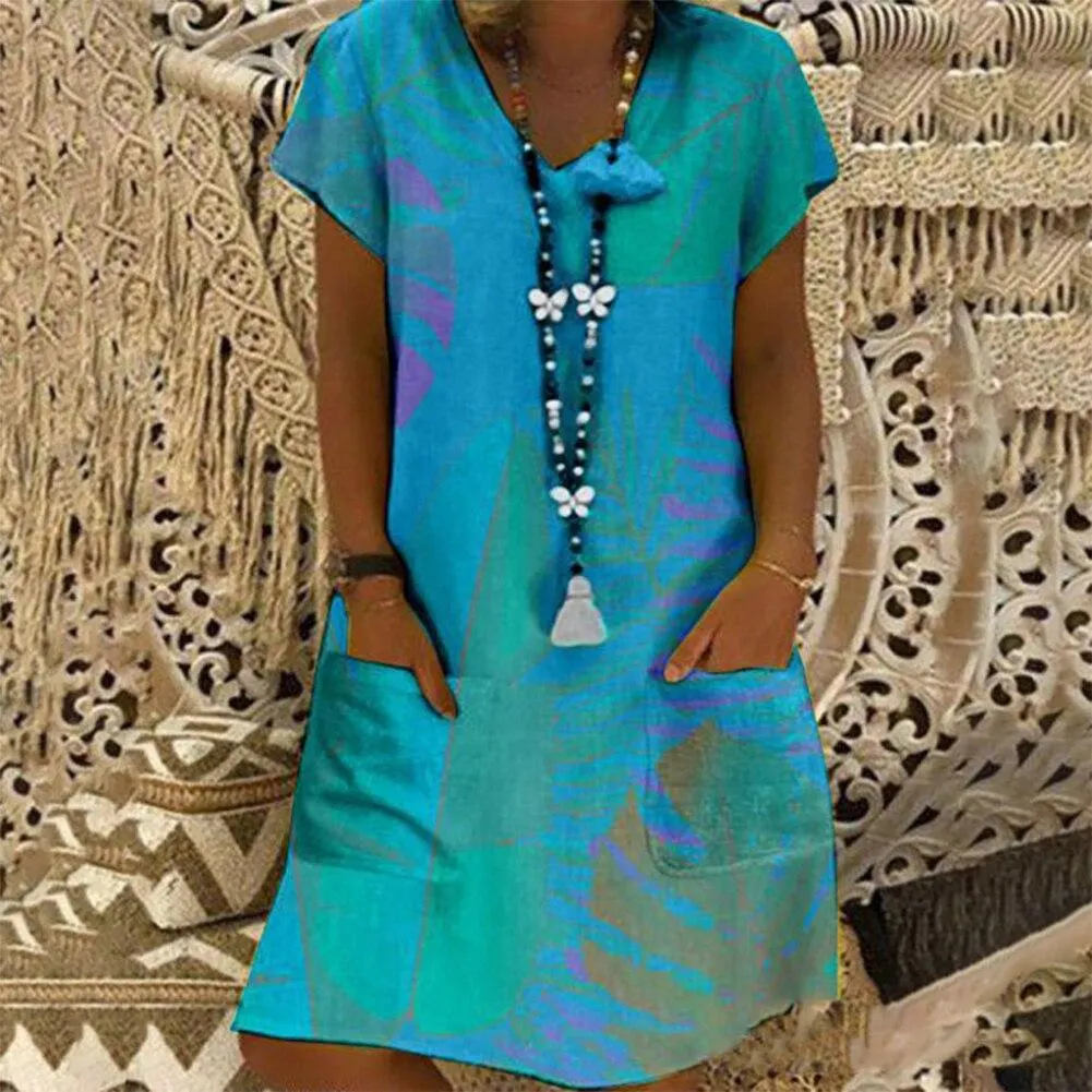 Women Casual Short Sleeve V Neck Leaf Print Pockets Loose Knee-length Dress Casual V Neck Leaf Print women blouse