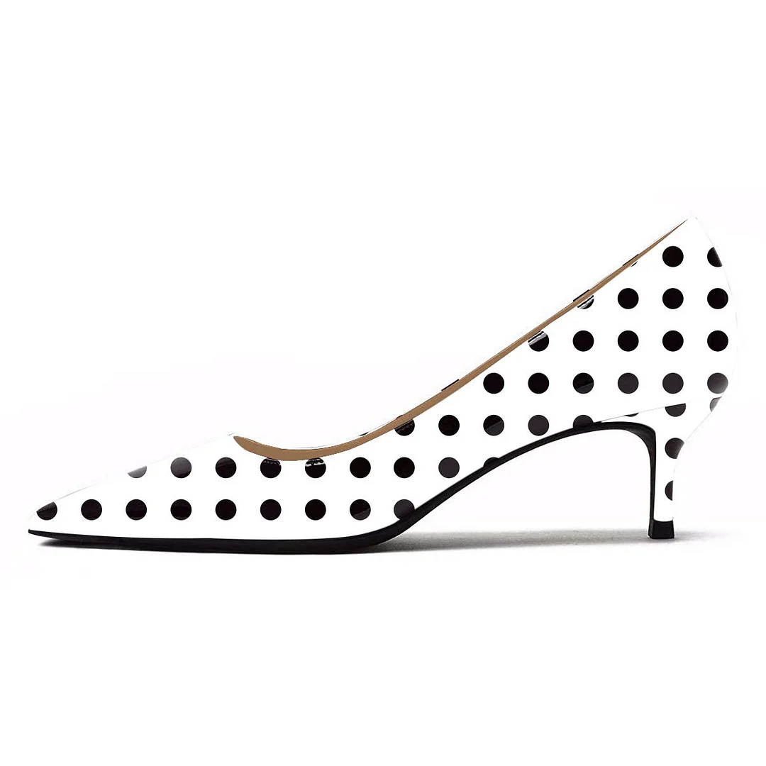 YDN Classic Pointed Toe Low Heel White Pumps with Black Polka Dot
