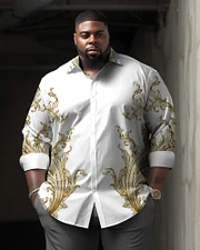 Men's Plus Size Gold Engraved Print Long Sleeve Lapel Shirt