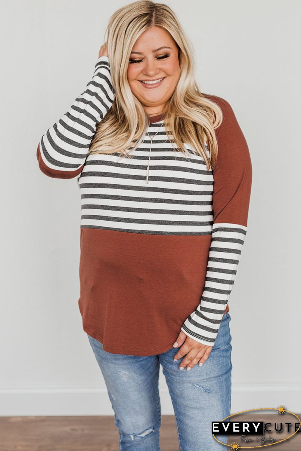 Striped Colorblock Plus Size Long Sleeve Top