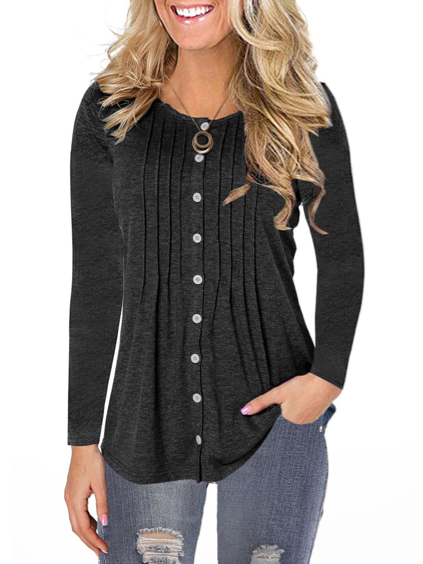 Women's Round Collar Solid Color Casual Long Sleeve Top