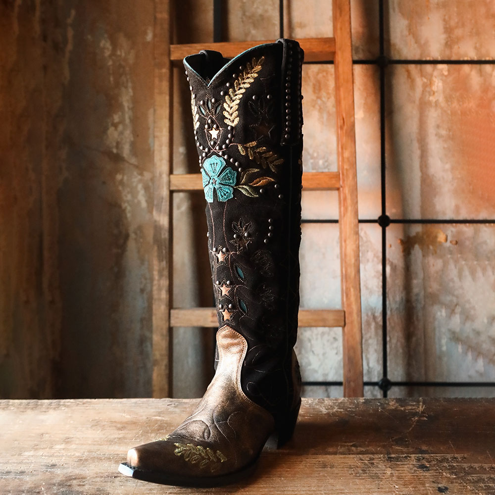 Brown & Copper Snip Toe Studded and Embroidered Western Tall Boots
