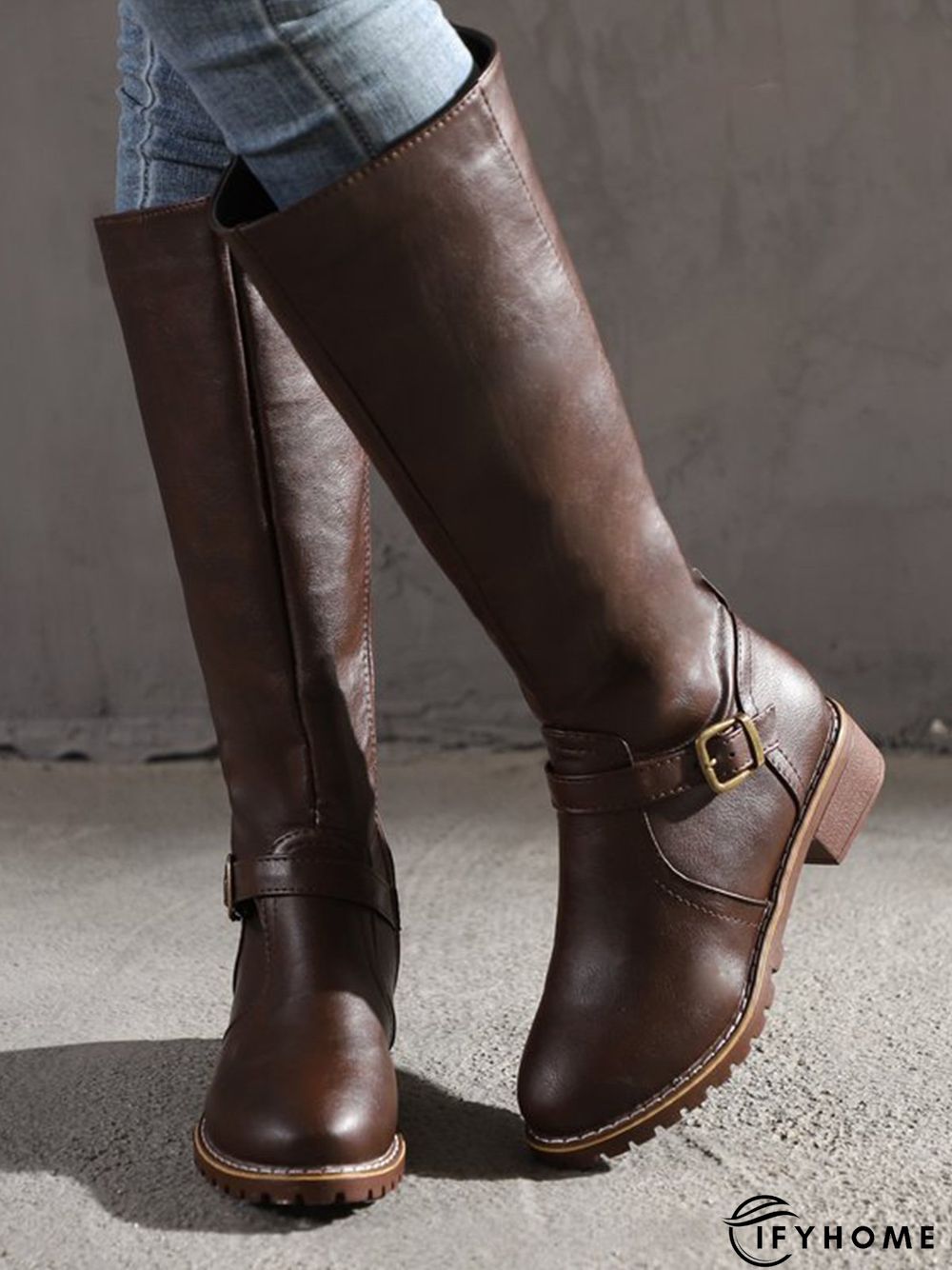 Vintage Round Toe Buckle Tall Boots Chunky Heel Riding Boots | IFYHOME