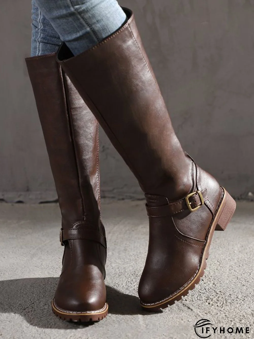 Vintage Round Toe Buckle Tall Boots Chunky Heel Riding Boots | IFYHOME