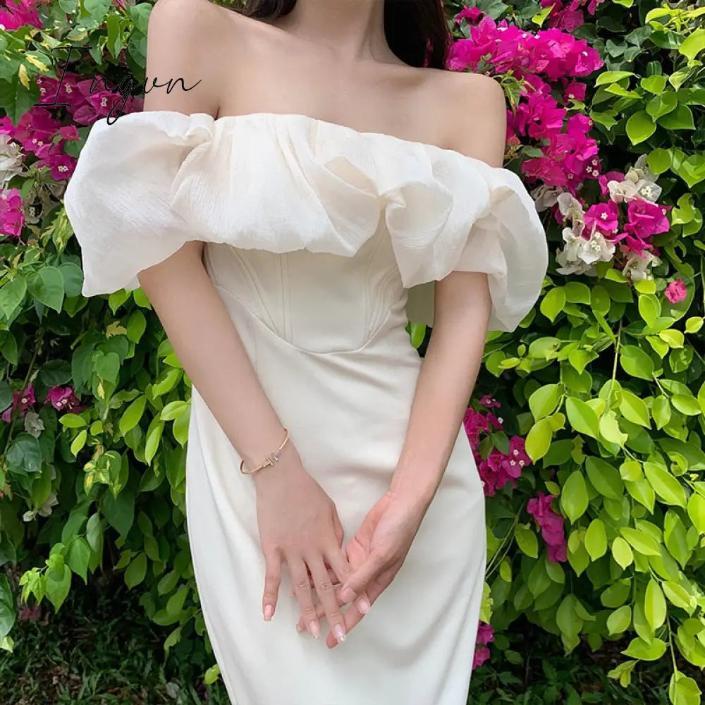 Ingvn - Vinatge Elegant Apricot Dress Women Slash Neck Mesh Patchwork Puff Short Sleeve Off