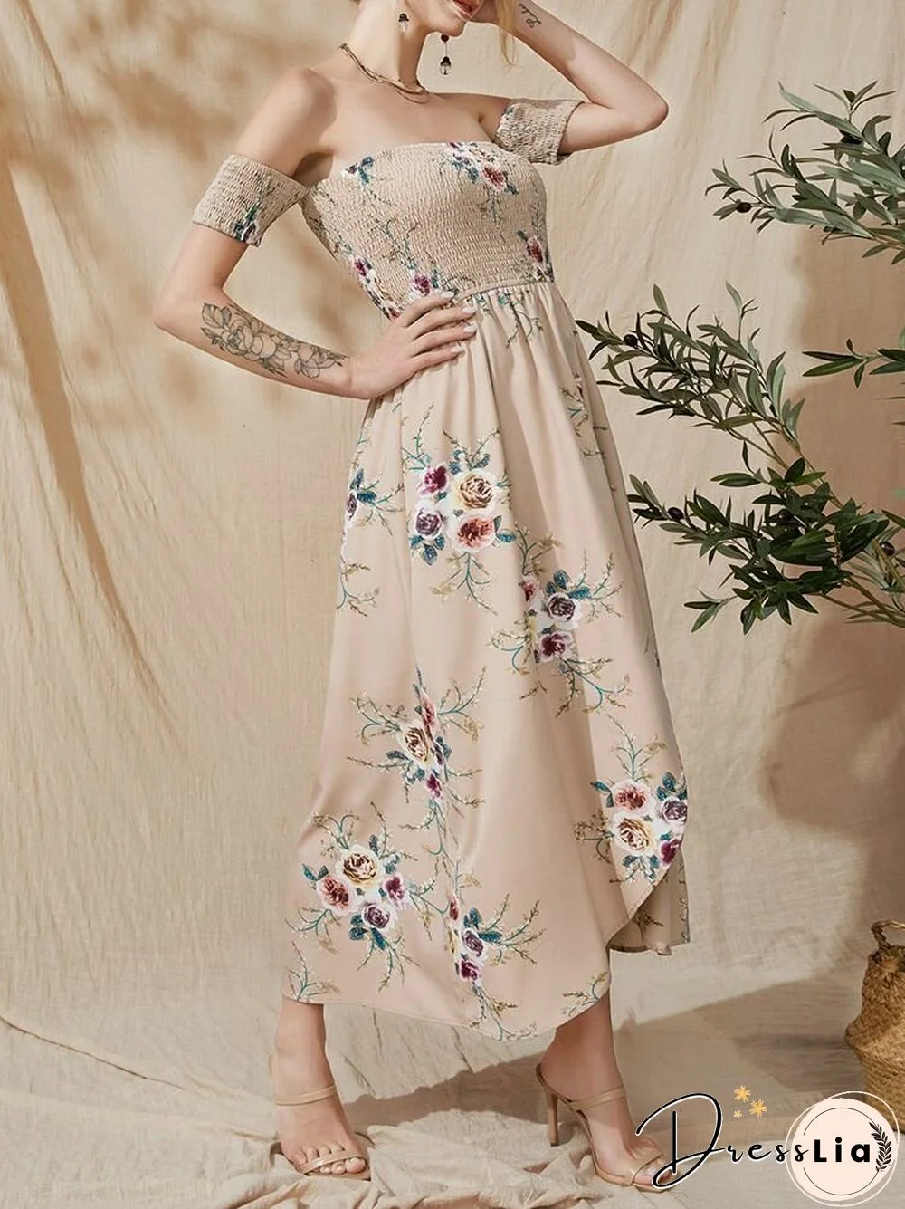 Flower Print Short Sleeve Asymmetrical Hem Maxi Dress