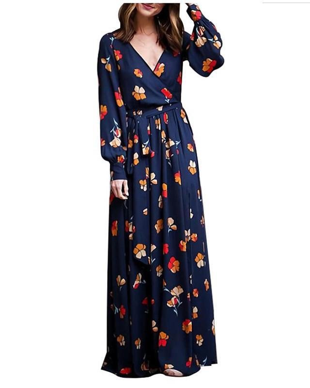 Women's Chiffon Dress Maxi long Dress Long Sleeve Floral Split Print Spring Casual Linen Royal Blue S M L XL XXL 3XL - VSMEE