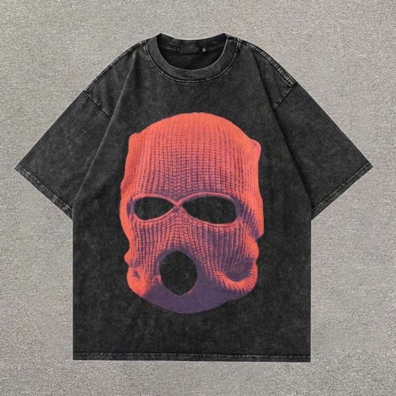 Retro Mask Men'S Printed Washed Short Sleeved T-Shirt