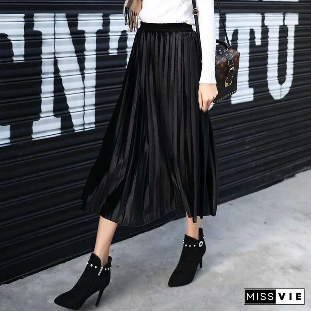 Fasion High Waist Pleated Velvet Skirt