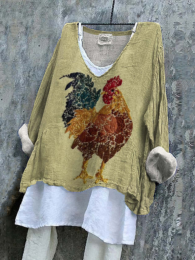 Comstylish Vintage Mister Rooster Floral Chicken Farmer Cozy Linen Blend Shirt