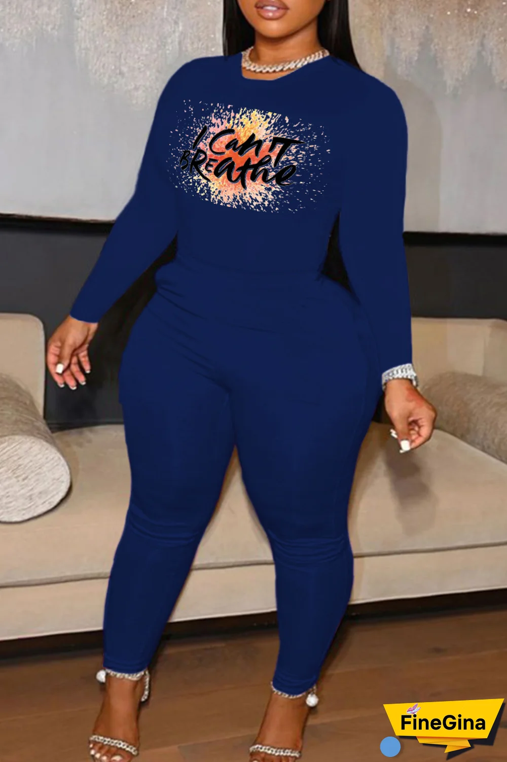 Navy Blue Street Print Patchwork Letter O Neck Tops