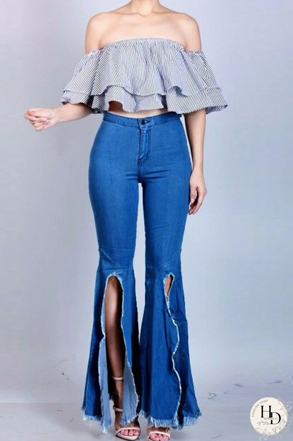 Dark Blue Denim Zipper Fly Button Fly High Solid washing Hole Zippered Boot Cut Pants