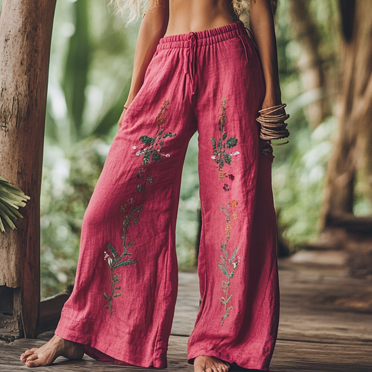 Bohemian Holiday Style Retro Linen Floral Ethnic Totem Print Casual Pants