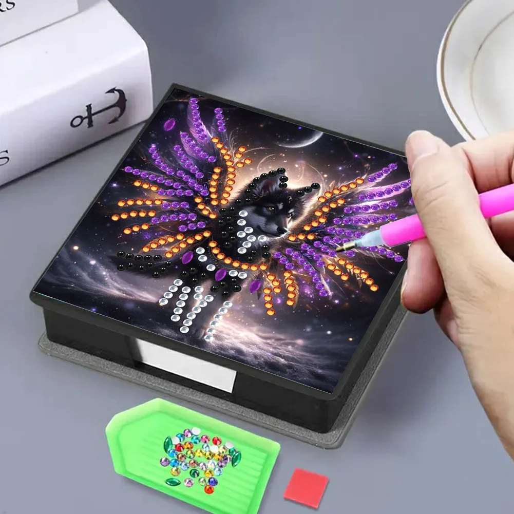 PU 5D Diamond Painting Kit Note Box DIY Diamond Art Notepad Box (Wolf)