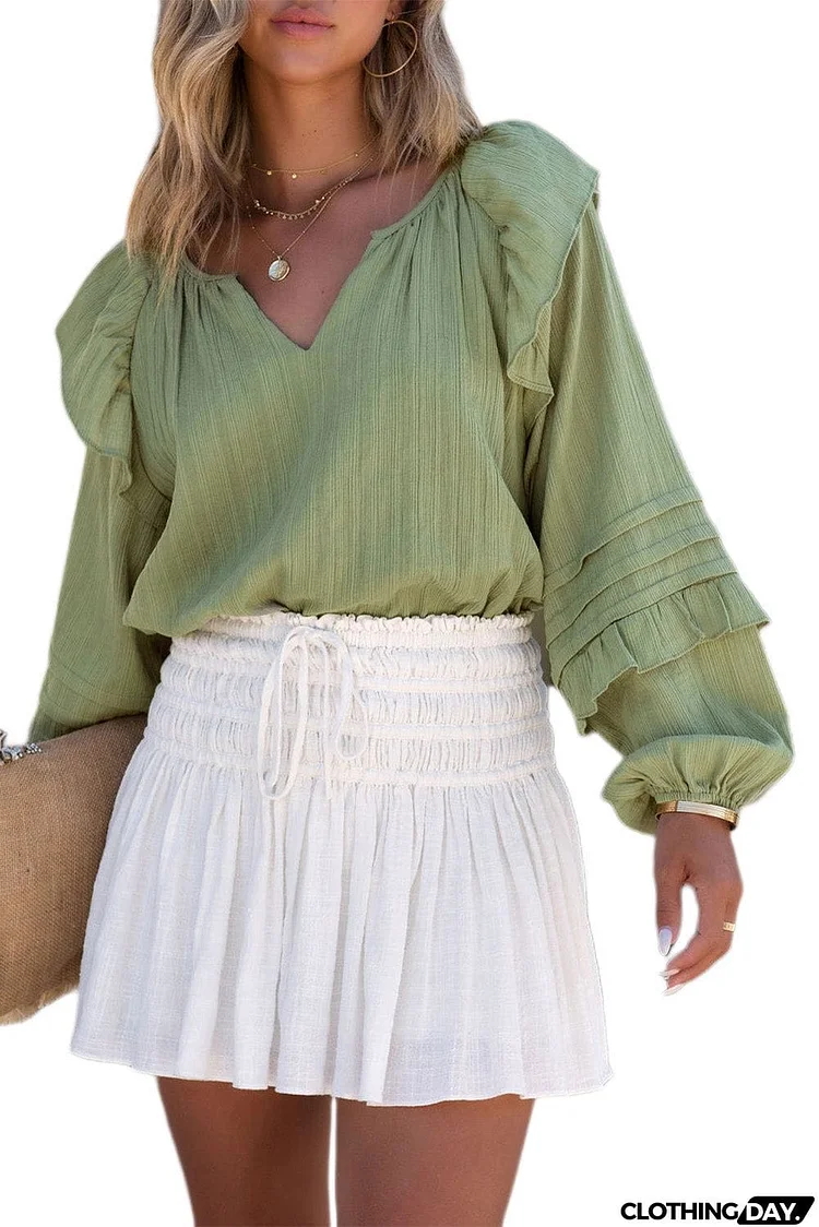 Split V Neck Ruffled Bubble Sleeves Blouse