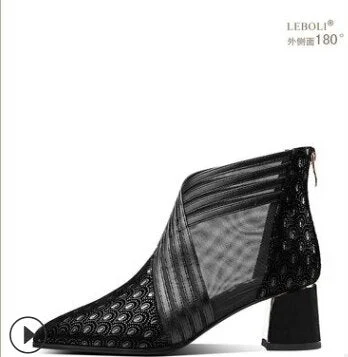 Summer Fashion solid mesh high heels pointed toe cross lines decoration ankle lady boots grace women ventilate boots red/black