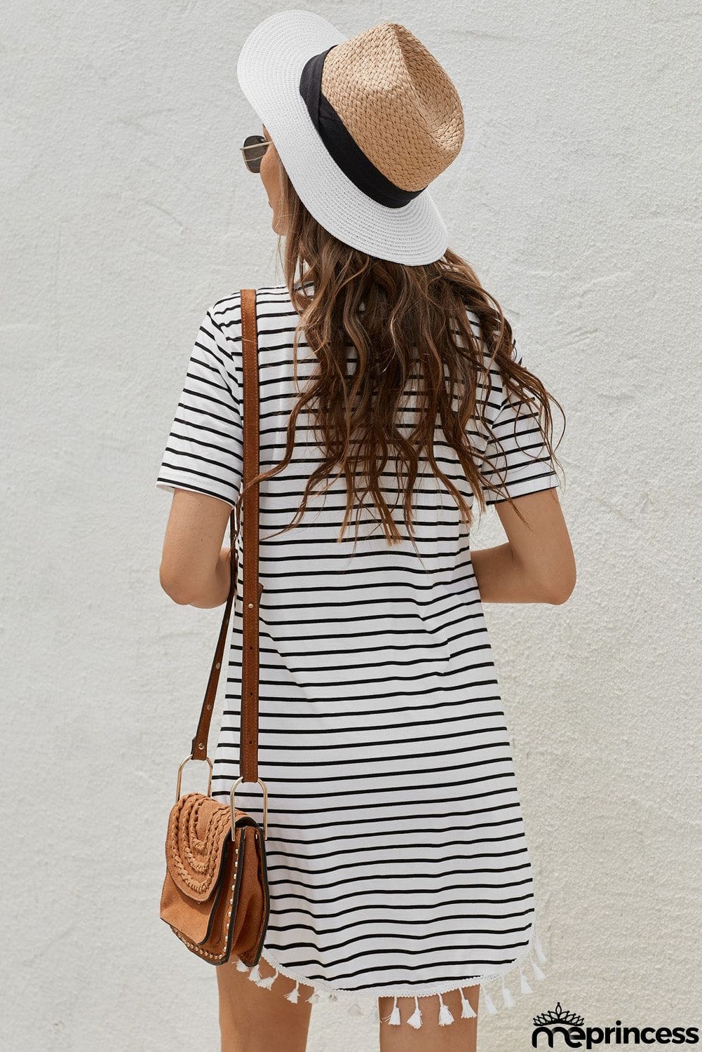 Short Sleeve Crew Neck White Striped T-shirt Mini Dress with Tassel