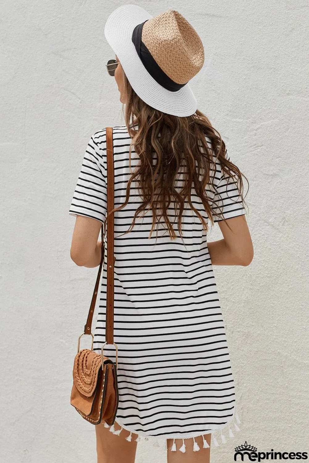 Short Sleeve Crew Neck White Striped T-shirt Mini Dress with Tassel