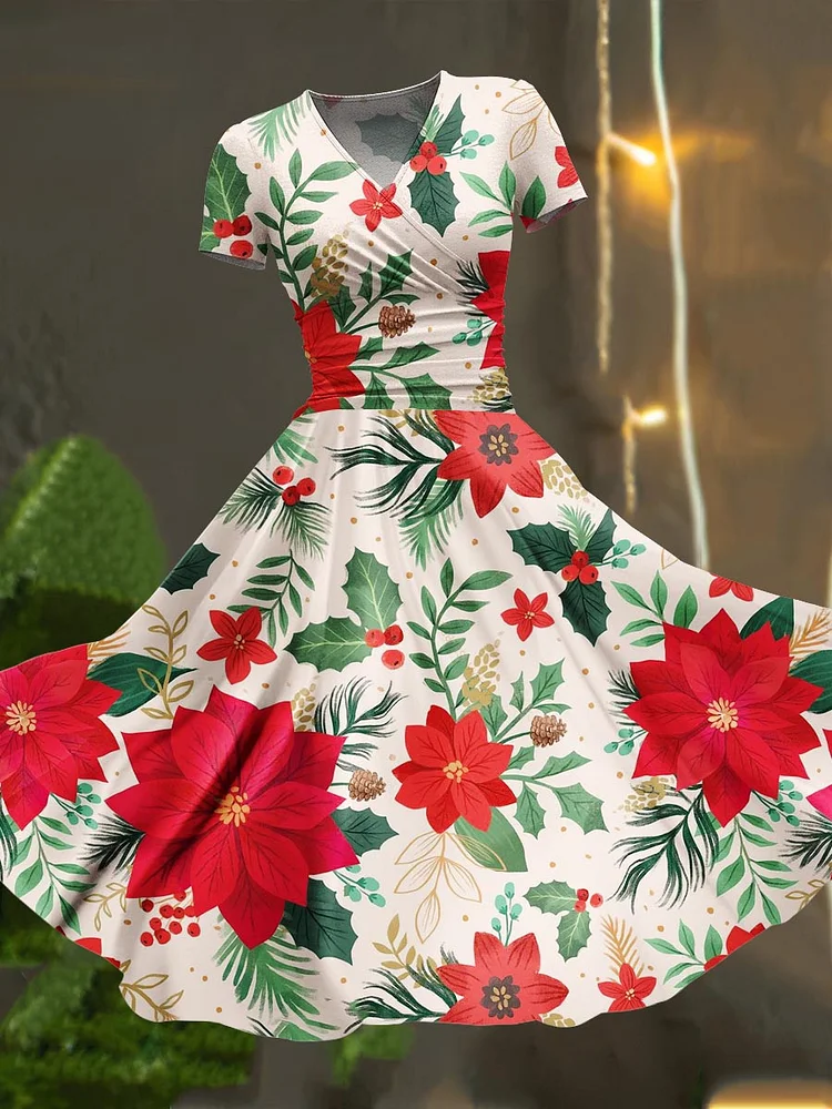 Women's Christmas Flower Poinsettia Art Print Maxi Dress