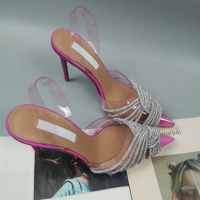 Rhinestones Pointed Toe Women Sandals New Female Transparent Thin High Party Shoes Ladies Sexy Pu Leather Shallow Footwear QueenFunky