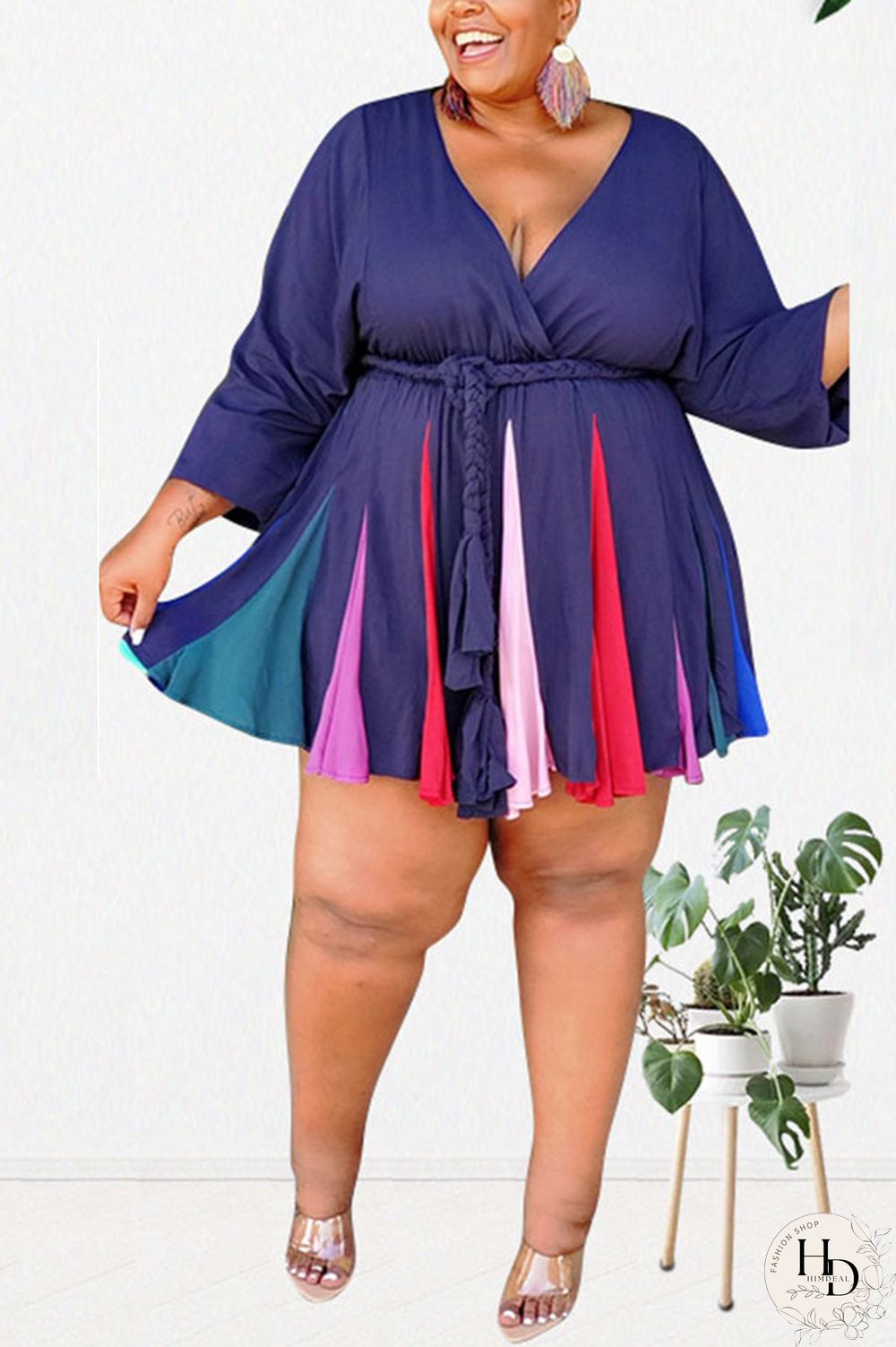 Yellow Sexy Print With Belt V Neck A Line Plus Size