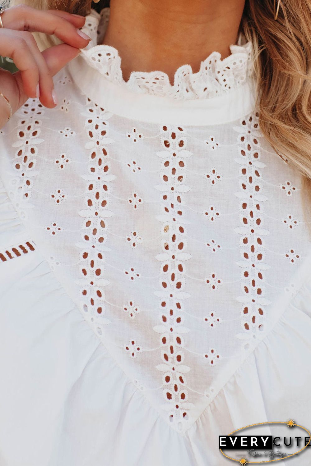 White Frilled High Neck Eyelet Pattern Puff Sleeve Top
