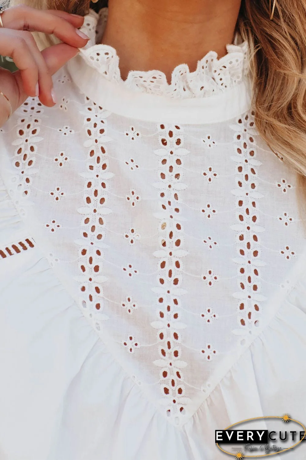 White Frilled High Neck Eyelet Pattern Puff Sleeve Top