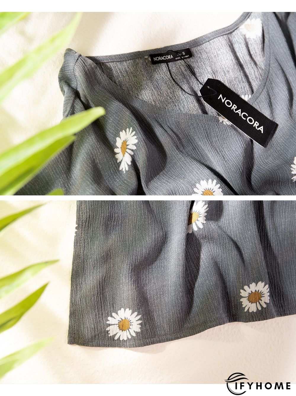 Gray Cotton-Blend Short Sleeve Floral Tops | IFYHOME