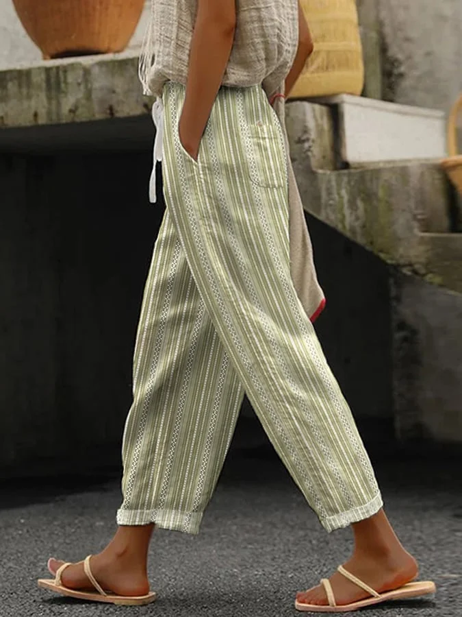 Women's Vintage Linen Striped Print Casual Pants