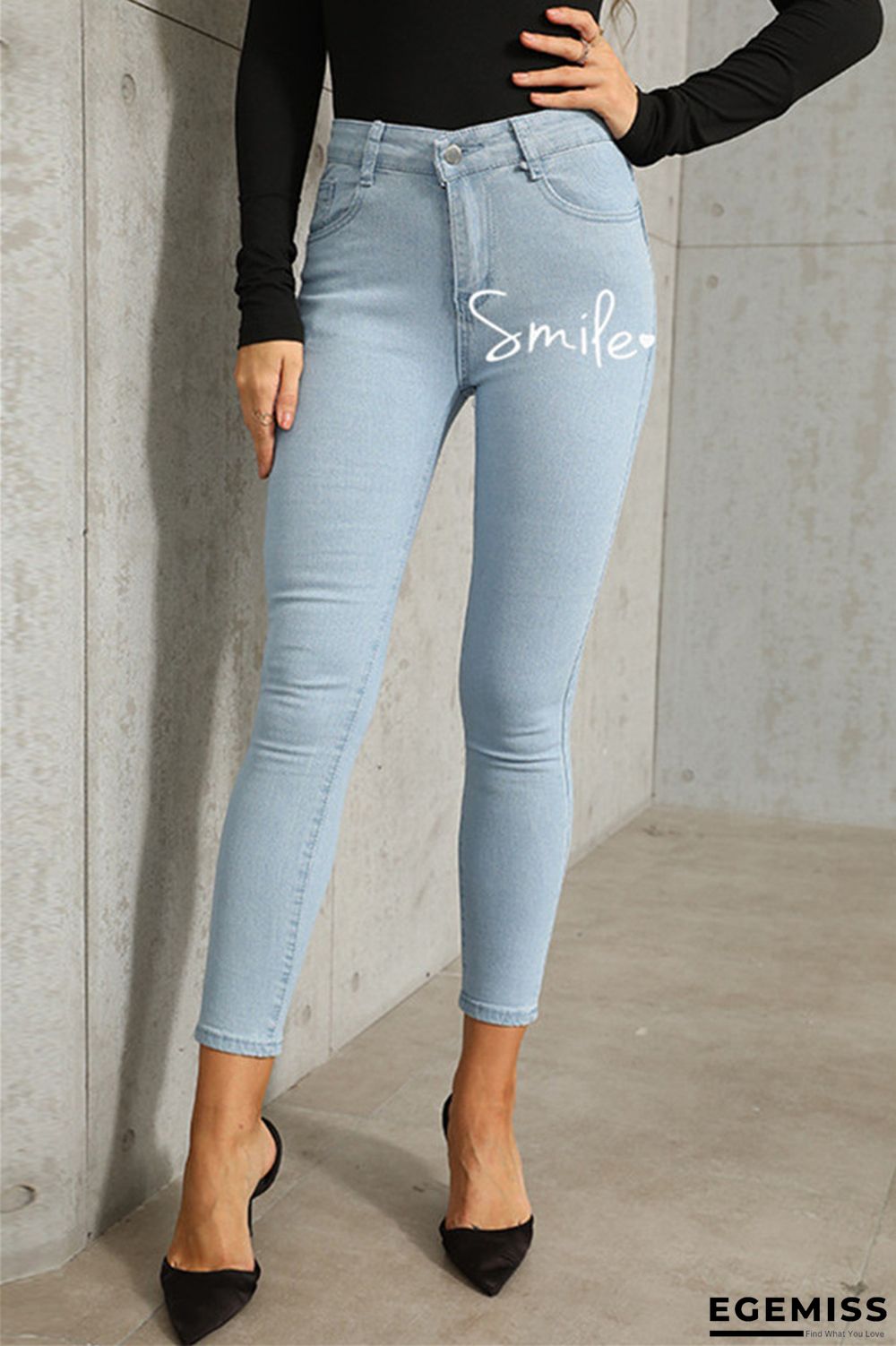 Baby Blue Fashion Casual Letter Print Basic High Waist Skinny Denim Jeans | EGEMISS