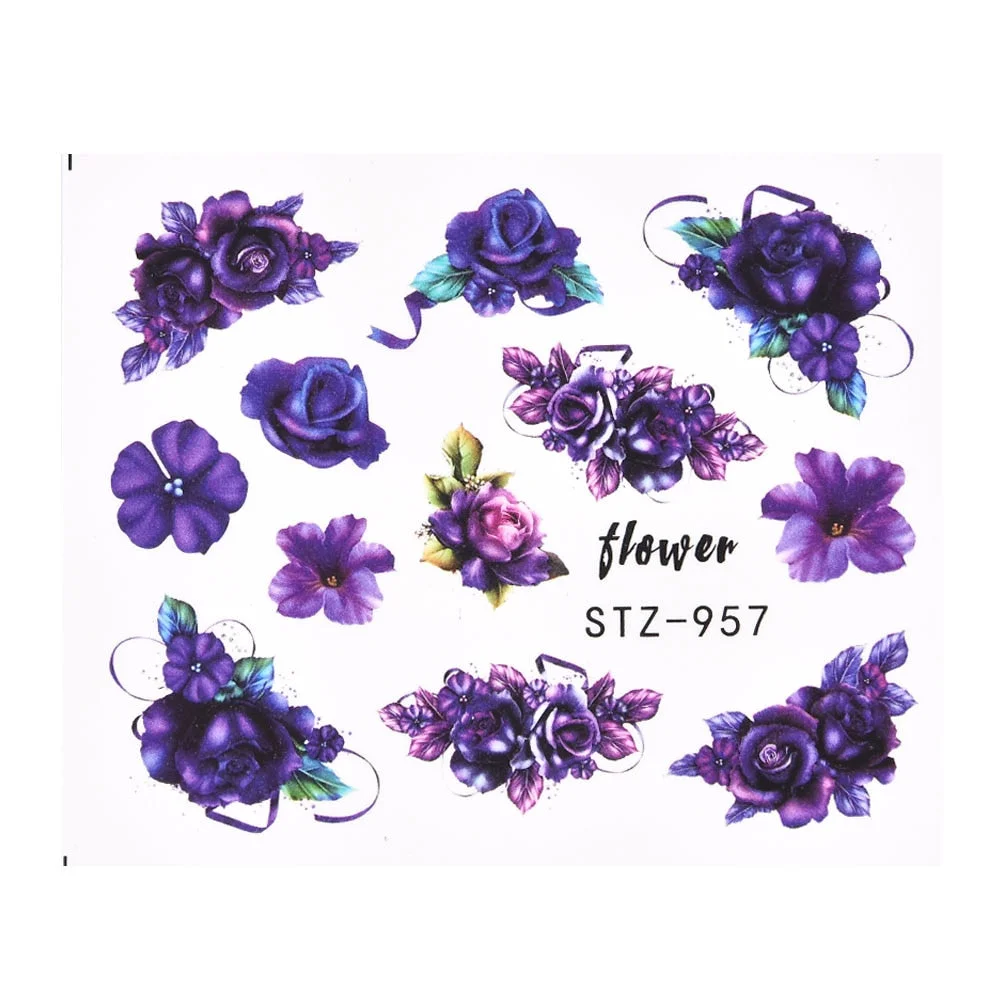 Coloful Flower Leaf 3D Stickers on Nails Decoration Tattoo Water Decals Nail Sticker UV Gel Slider Manicure Wraps-Nail Inspo