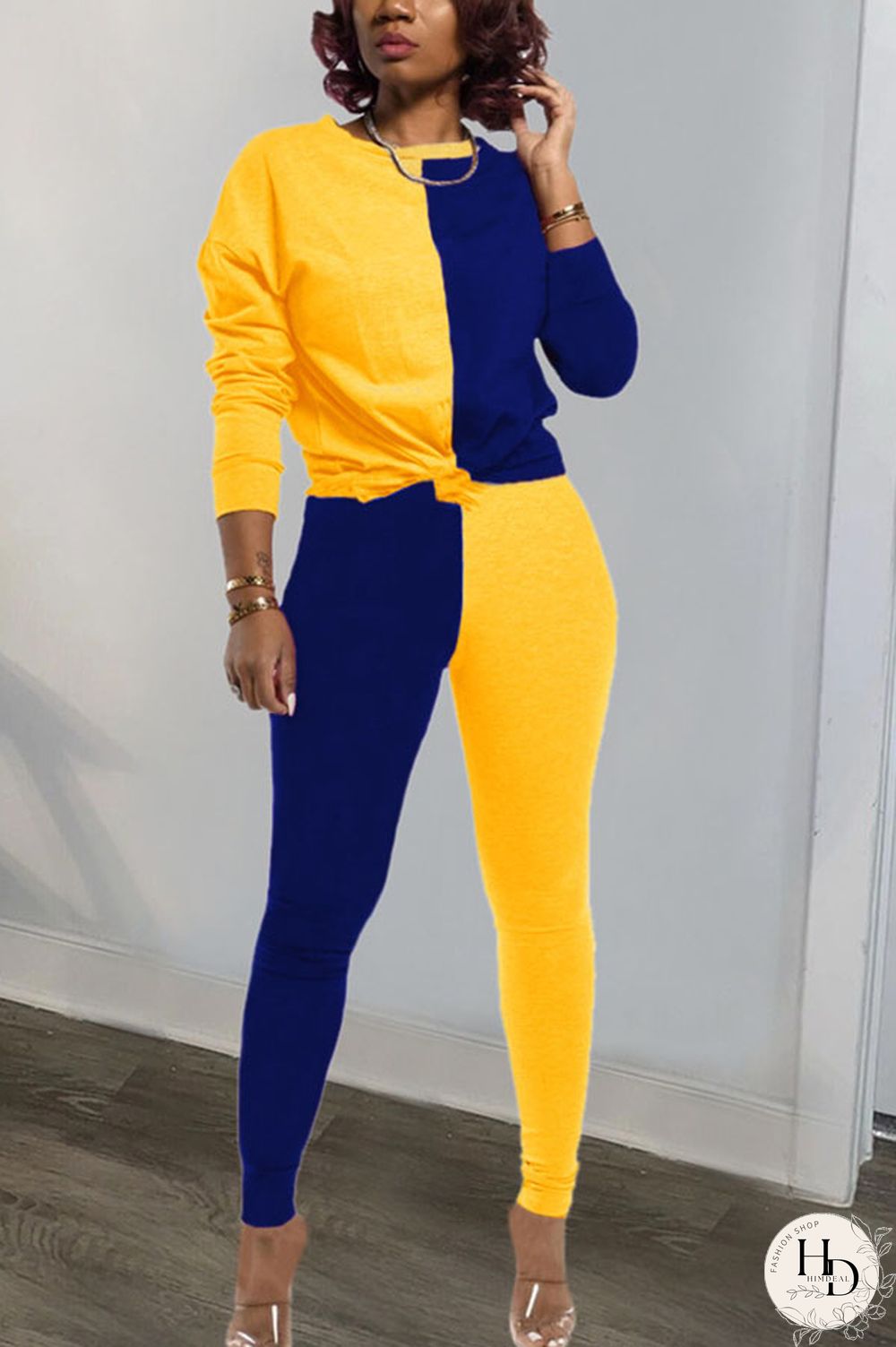 rose red and blue Polyester Sexy Patchwork Solid pencil Long Sleeve Two Pieces