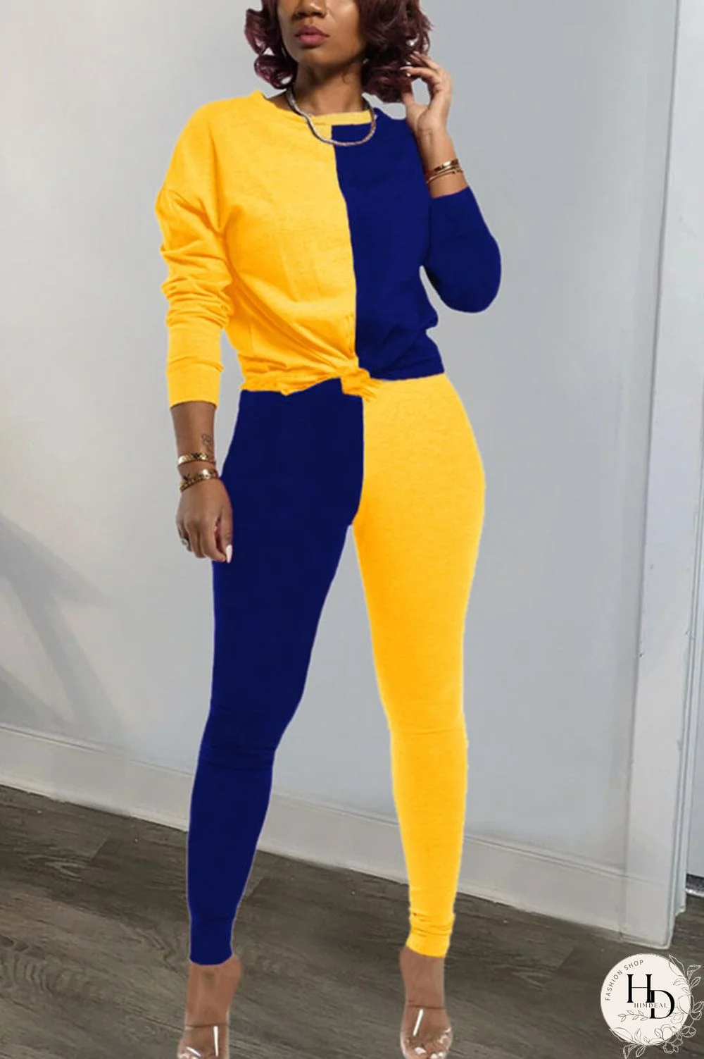 rose red and blue Polyester Sexy Patchwork Solid pencil Long Sleeve Two Pieces