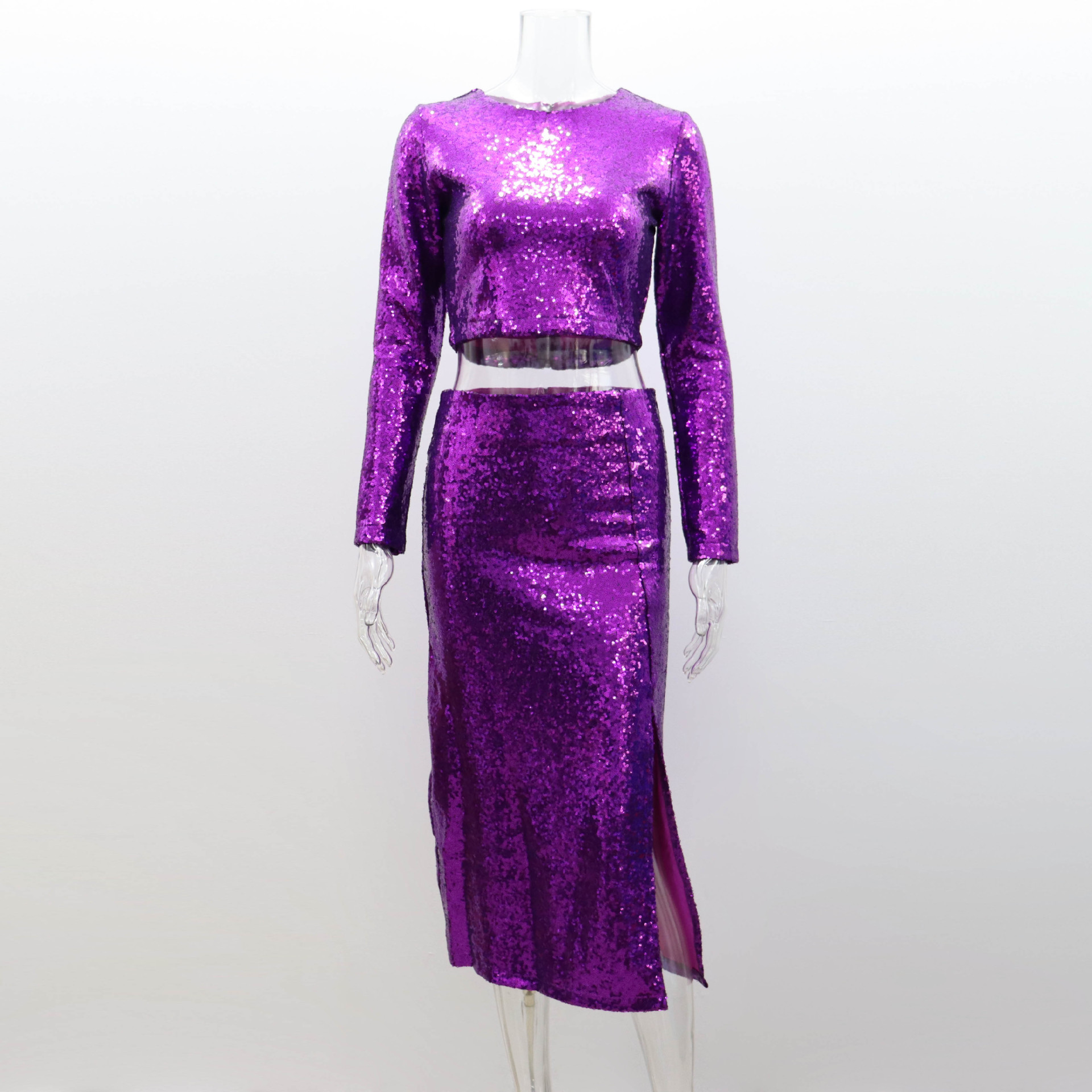 Ootddress Night Club 2 Piece-Set Maxi Skirt Female Sequin Cropped Top And High Waist Split Long Skirt Sets Glitter Fashion Outfits
