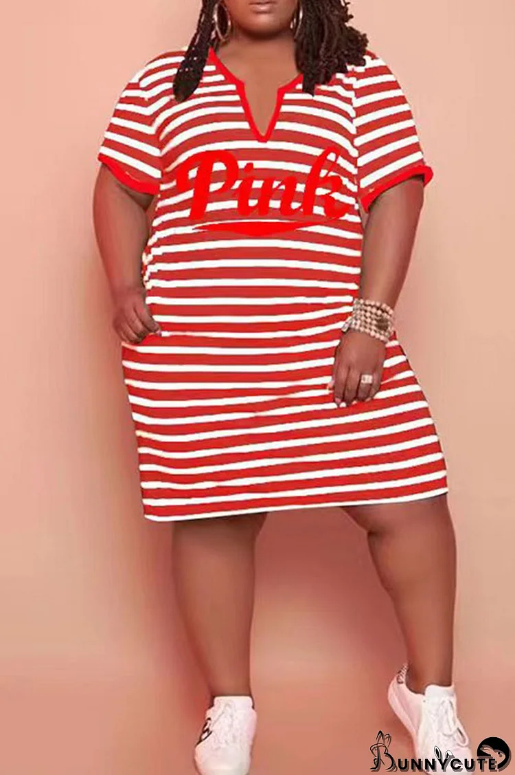 Red Casual Striped Print Patchwork V Neck Straight Plus Size Dresses