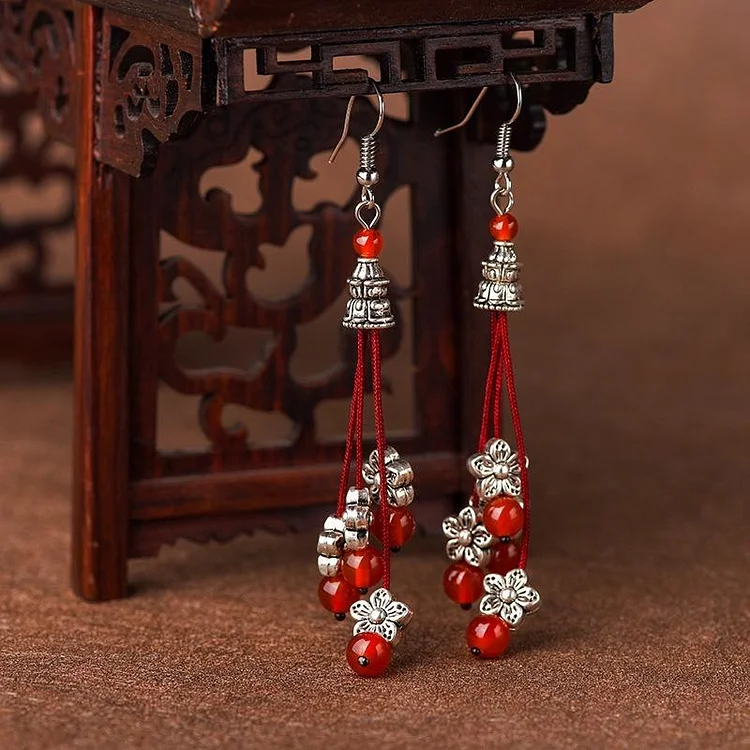 Vintage Miao Silver Red Bead Glass Earrings